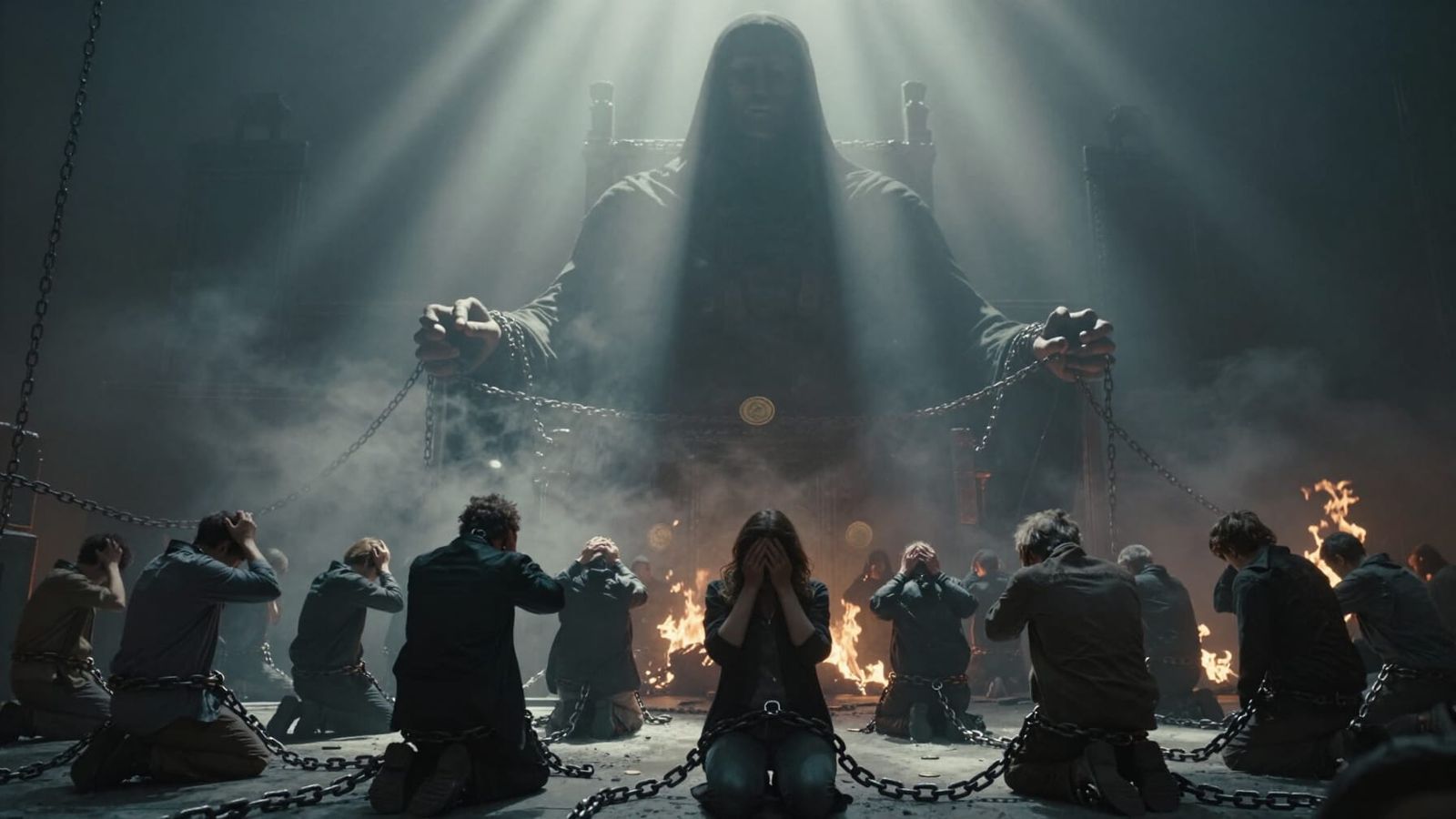 Dystopian Scene of Shadowy False God and Enslaved Masses