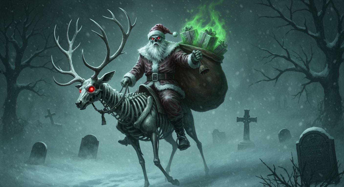Undead Santa Rides Skeleton Reindeer in Snowy Graveyard