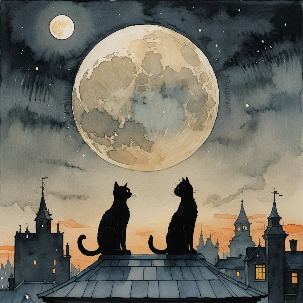 Lucky Black Cat Silhouette in Art Nouveau Style