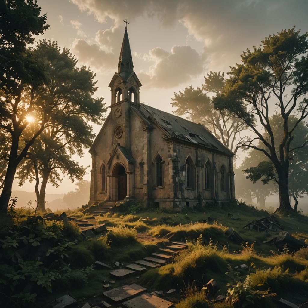 Abandoned Chapel on Hill at Sunset in Cinematic Style