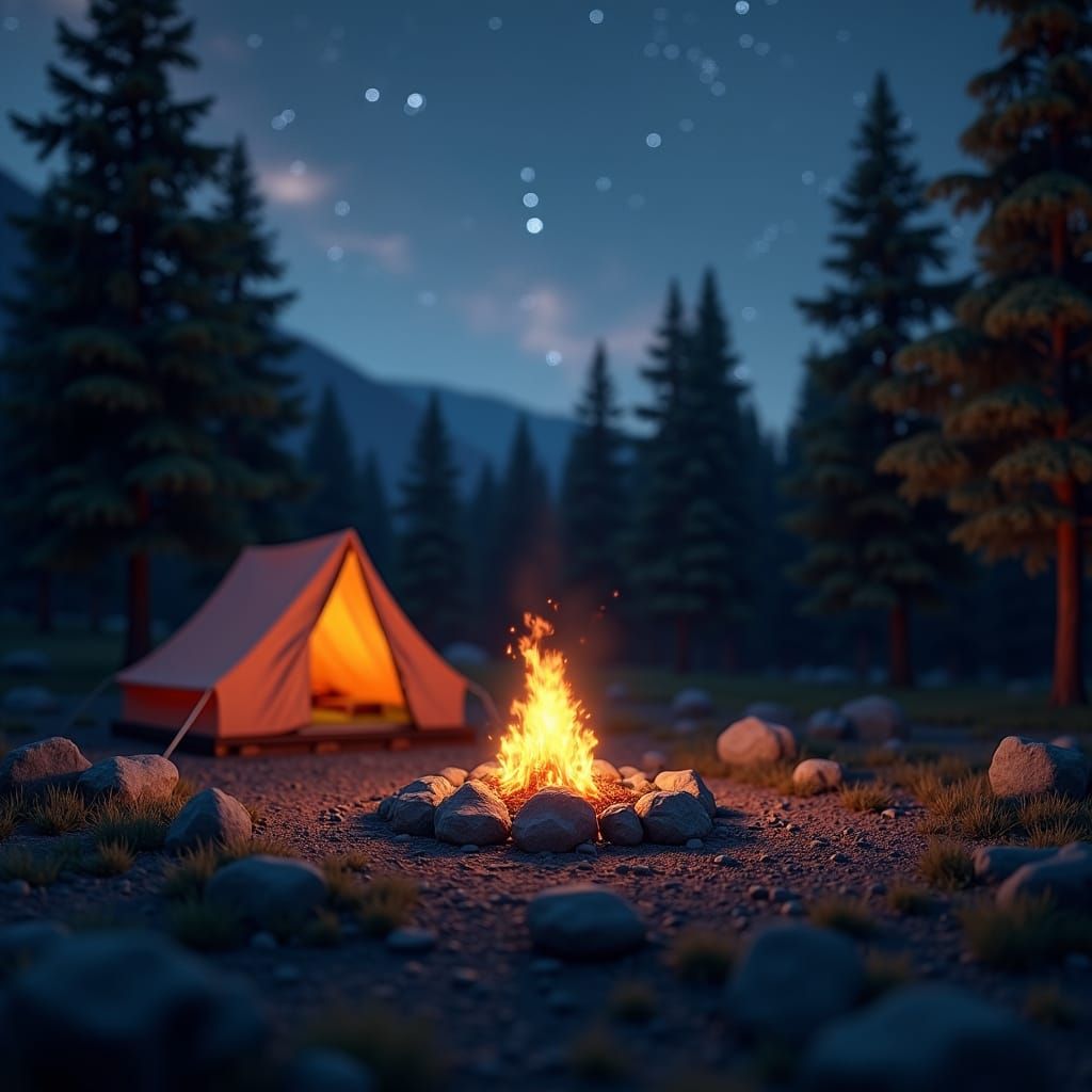 Ethereal Nighttime Campsite Scene with Blazing Fire and Star...