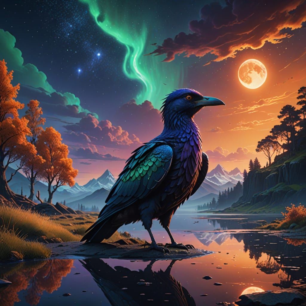 Majestic Bird Sips Tears from Glowing Pool under Starry Nigh...
