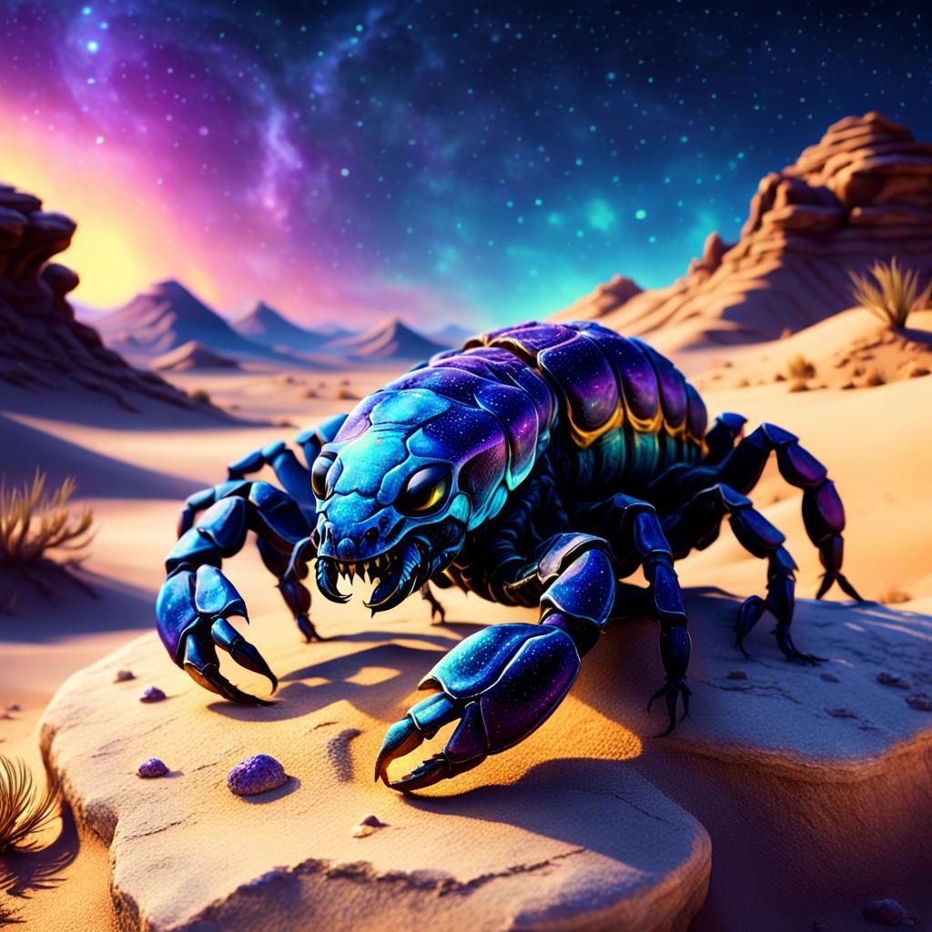 Smiling Bioluminescent Scorpion in Desert Concept Art