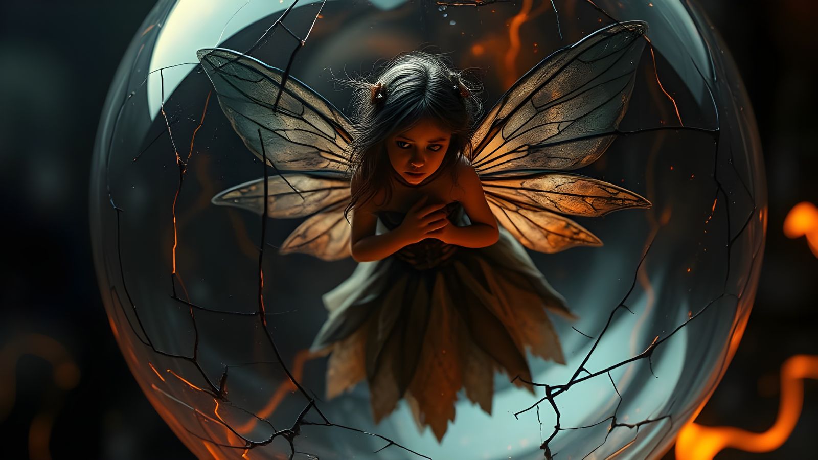 Dark Fairy Trapped in Cracked Glass Sphere
