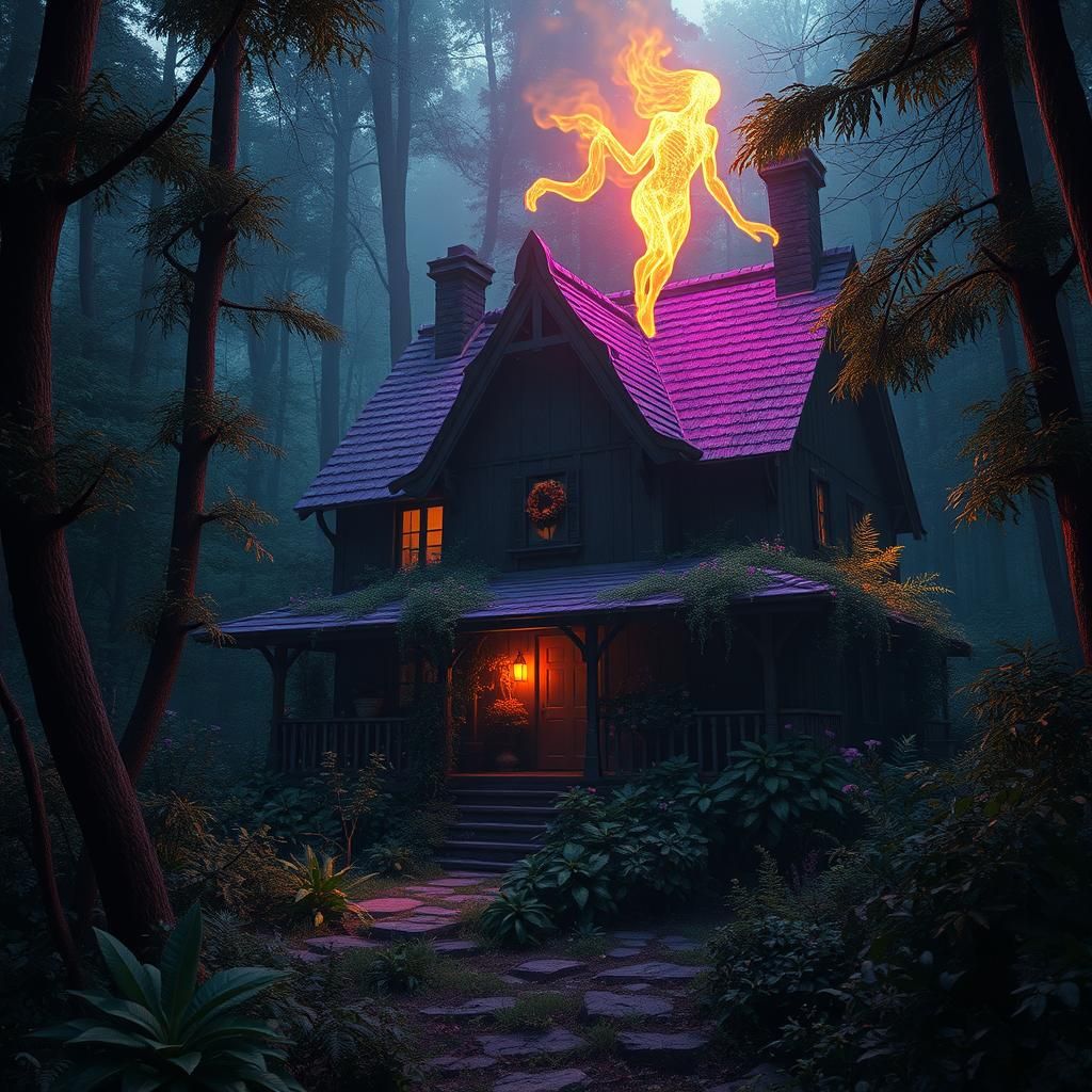 Overgrown Forest House with Fire Ghost