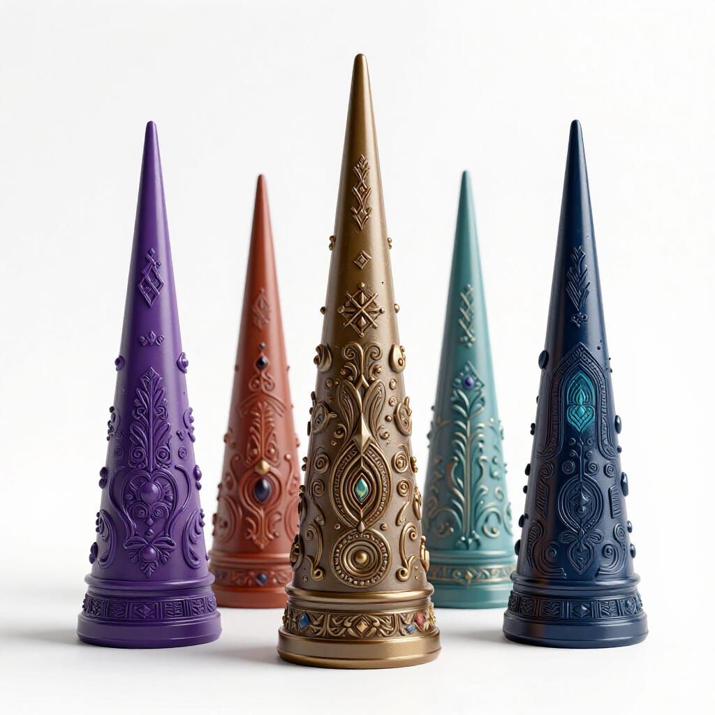 Fantastical Cone-Shaped Peppermills in Deep, Magical Hues