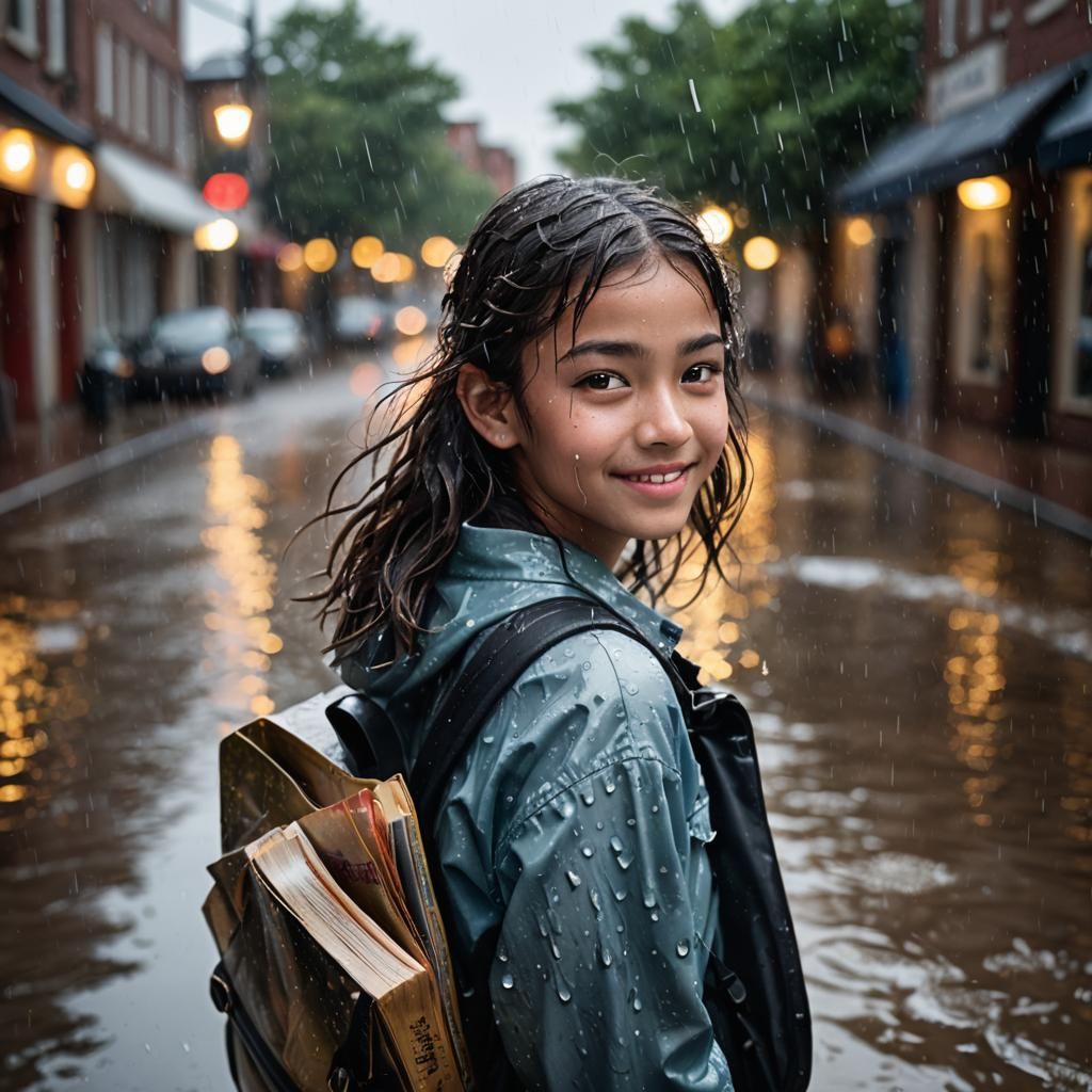 Joyful Girl in Flooded Street: Conceptual Portrait