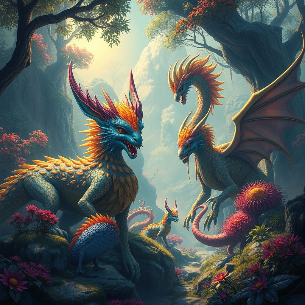 Mythical Creatures in a Dreamlike Environment
