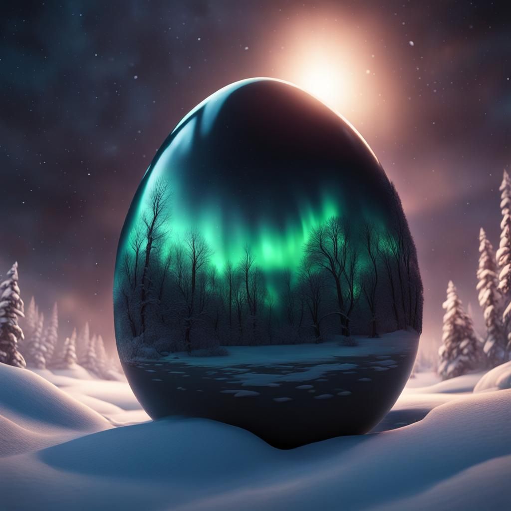 Black Egg Under Northern Lights: Detailed Matte Painting