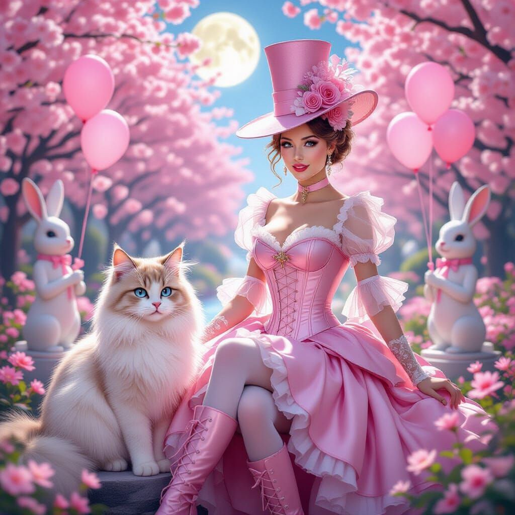 Magical Pink Garden Scene with Woman and Cat