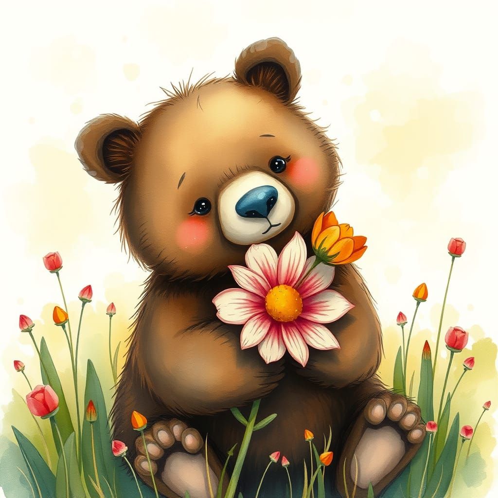 a bear is hugging a flower, watercolor sketch with soft atmosphere, warm colors and feelings, naive and benevolent