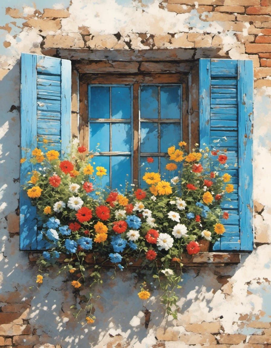 Floral Graffiti: Old Blue Window with Bright Flowers
