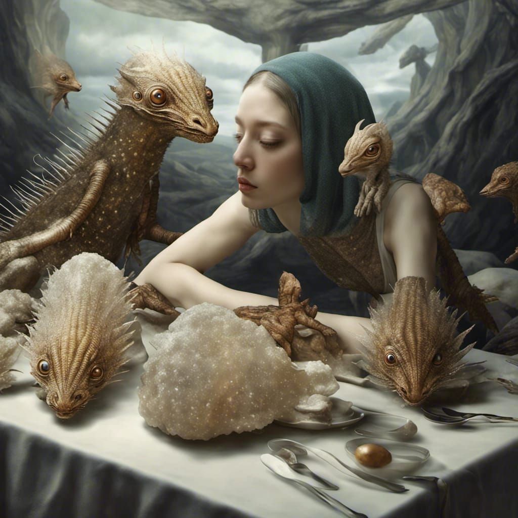 Surreal Alien People and Pets in a Dreamlike Landscape