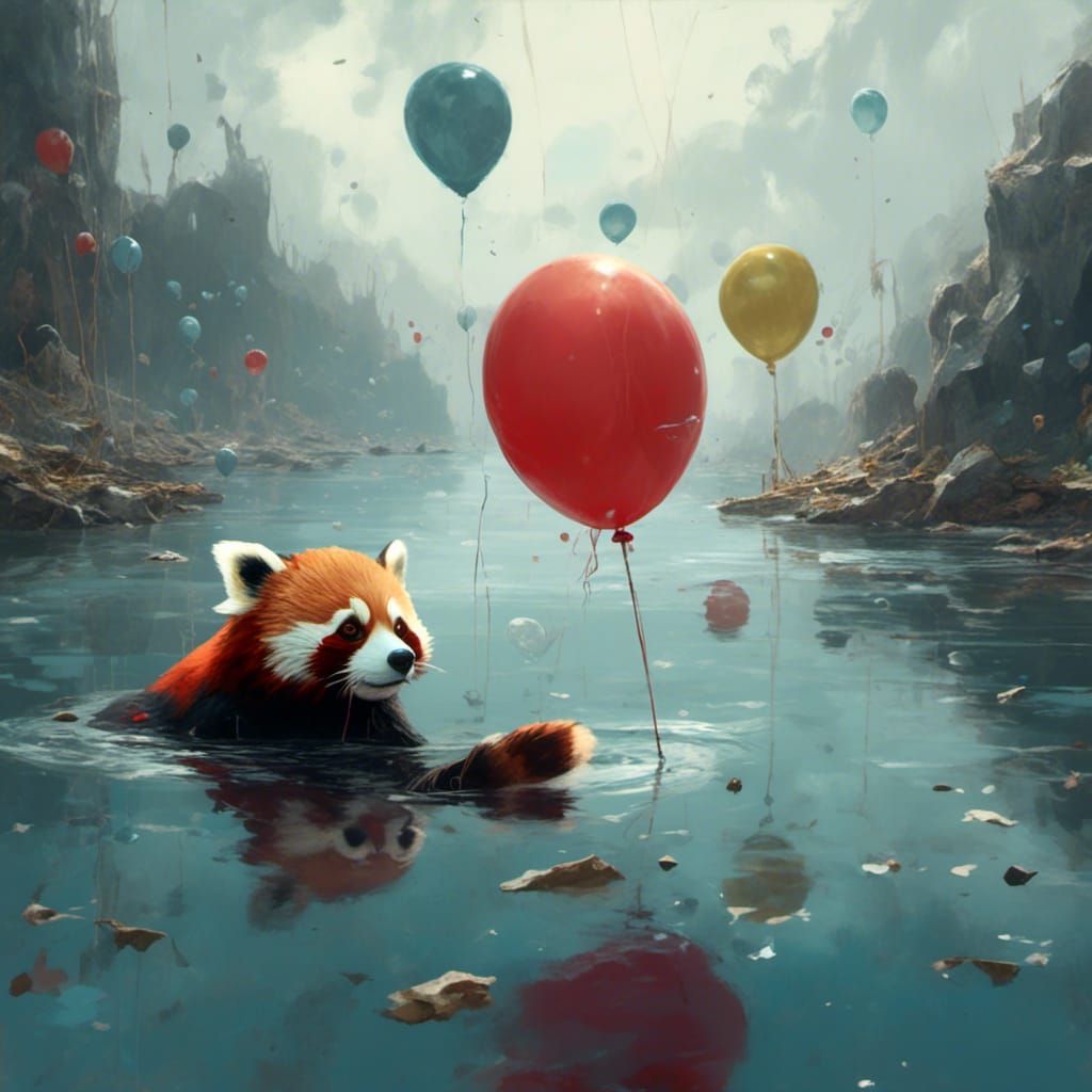 Sad Red Panda with Burst Balloon, Anime Style