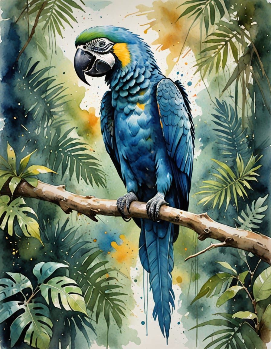 Soft Watercolour Sketch of Blue Macaw Parrot in Flight