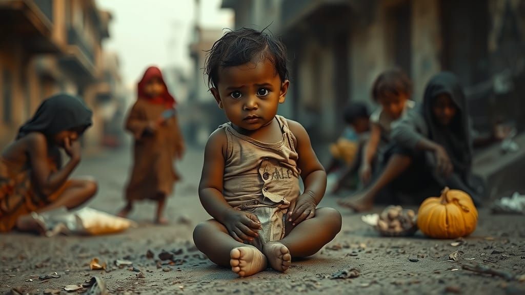 Surreal Cinematic Scene: Family Scavenging in Desolate Stree...