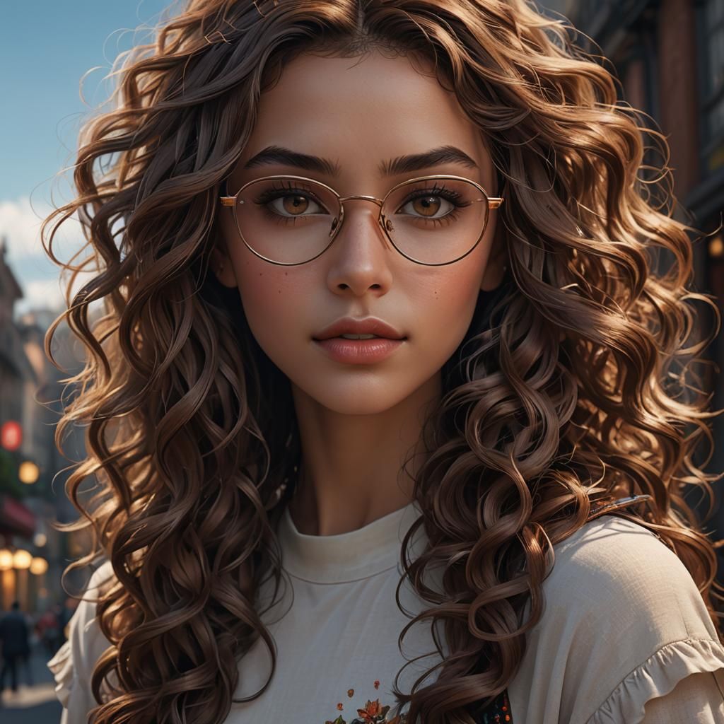 Brown-Eyed Woman with Curls: Detailed Fantasy Art