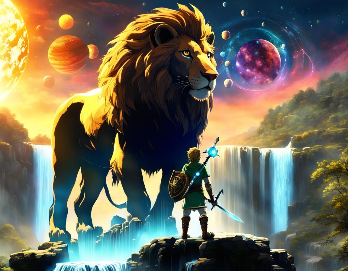 Link and Lion on Waterfall with Solar System