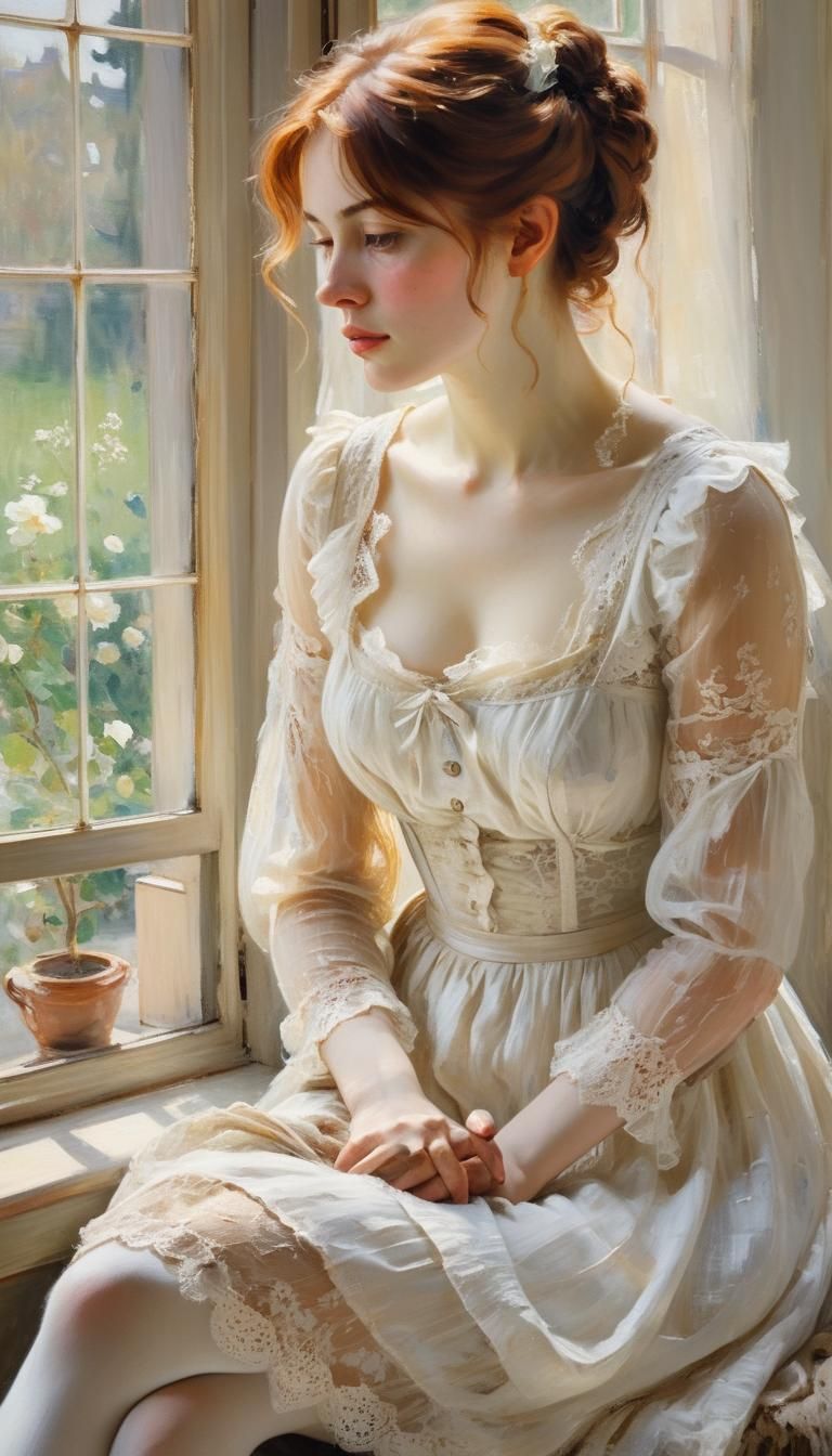 Impressionist Woman Gazing Out Window in Golden Light