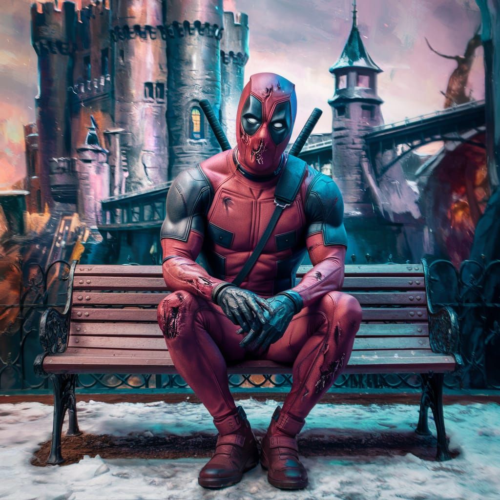 Deadpool Unmasked in Fantastical Landscape, Digital Matte Pa...