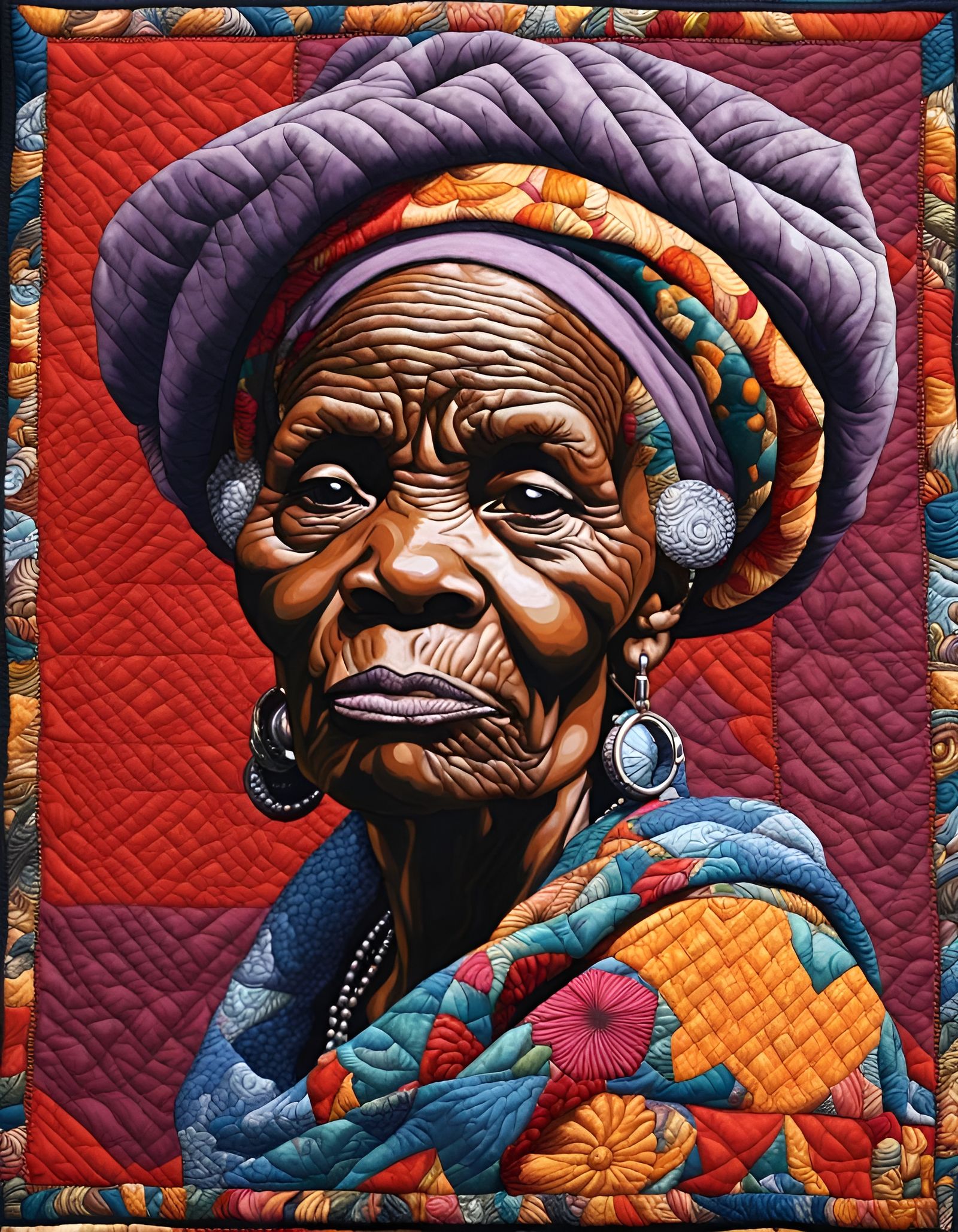 Quilted Portrait of African Woman in Textile Art Style