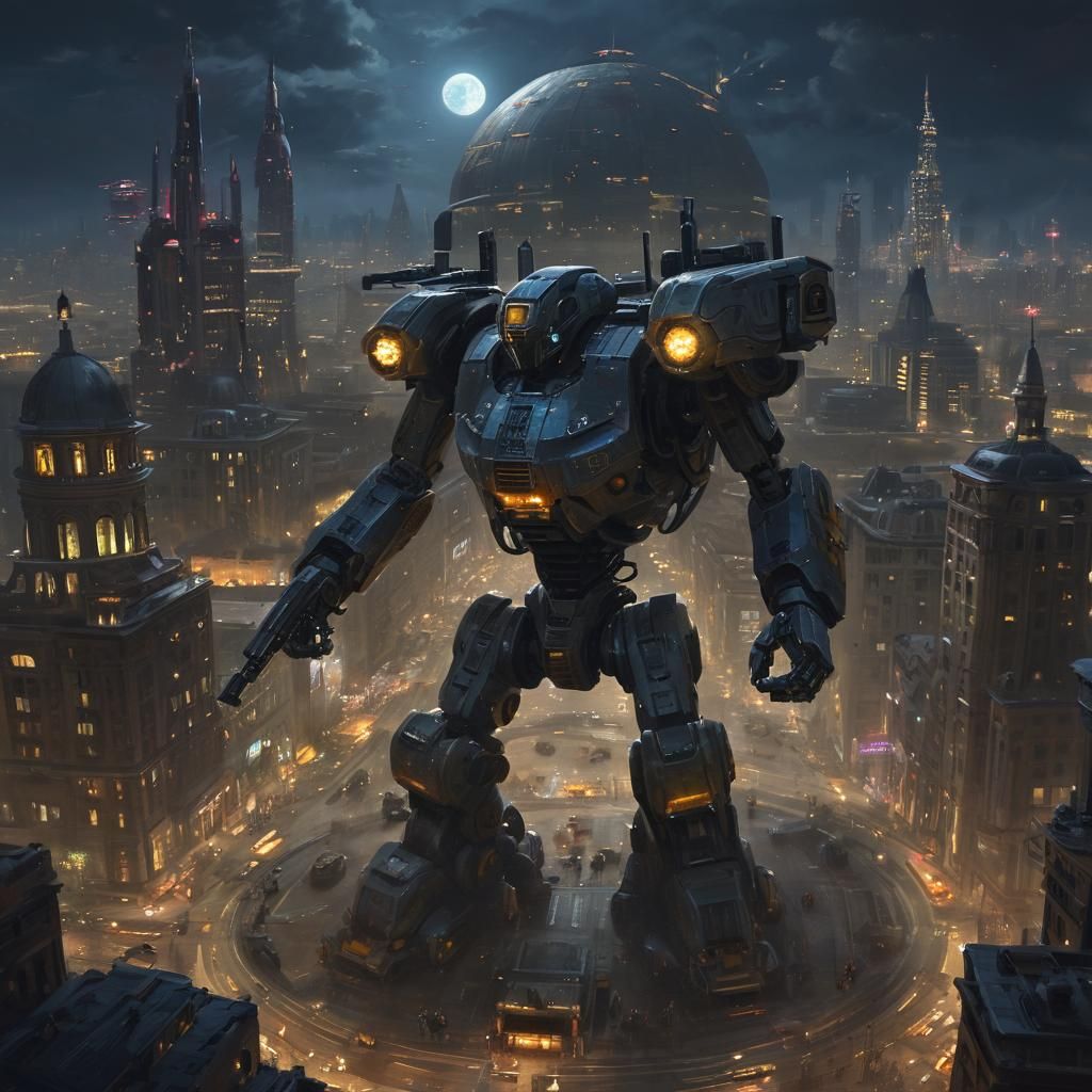 Battle-Mech Guarding Domed City in Dramatic Oil Painting