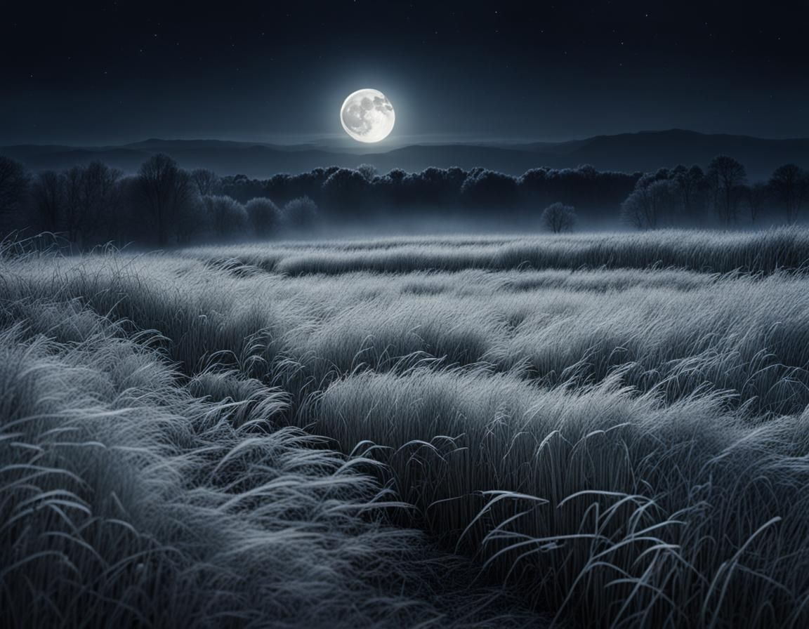 Moonlit Frost on Autumn Fields at Midnight