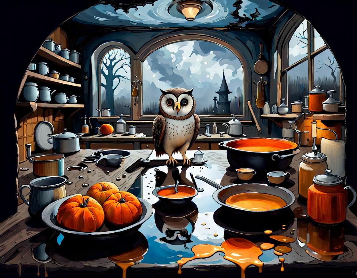 Pierrot Owls in Witch's Kitchen: Oil Painting