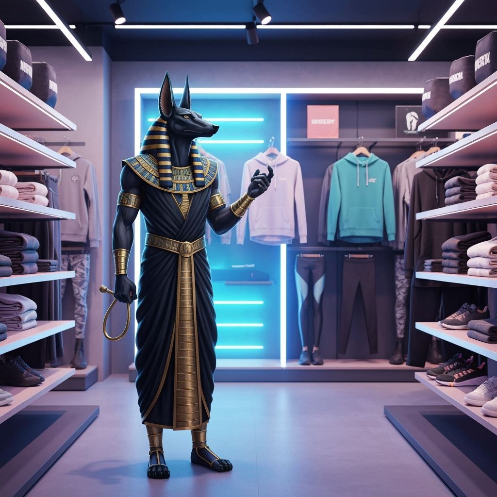 Anubis Shops for Sportswear in Modern Store