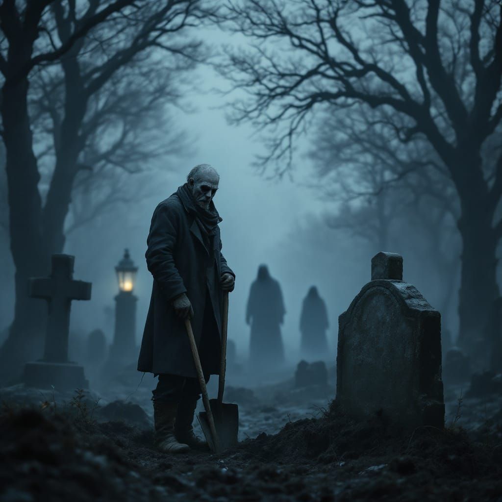 Lone Grave Digger in Foggy Cemetery at Dusk