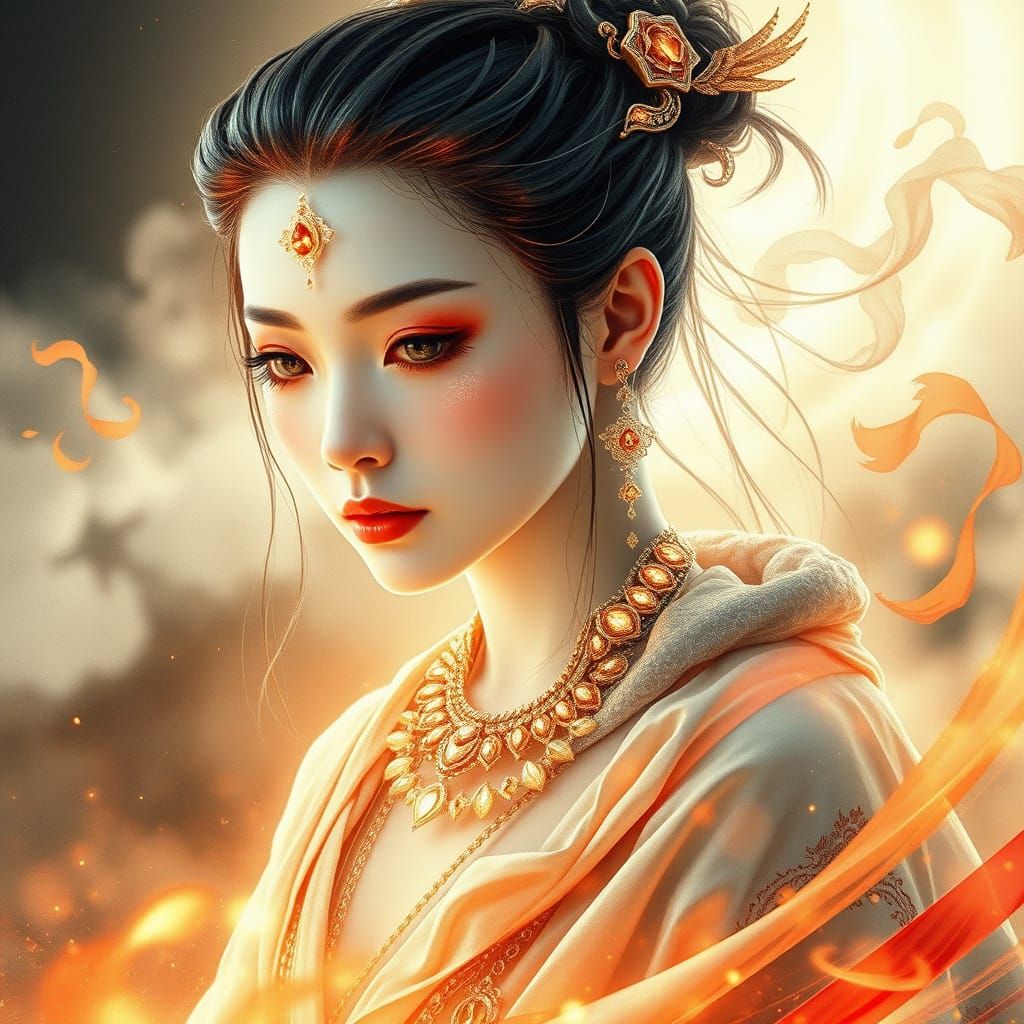 Ethereal Goddess of Fire in Futuristic Japan-Inspired Art