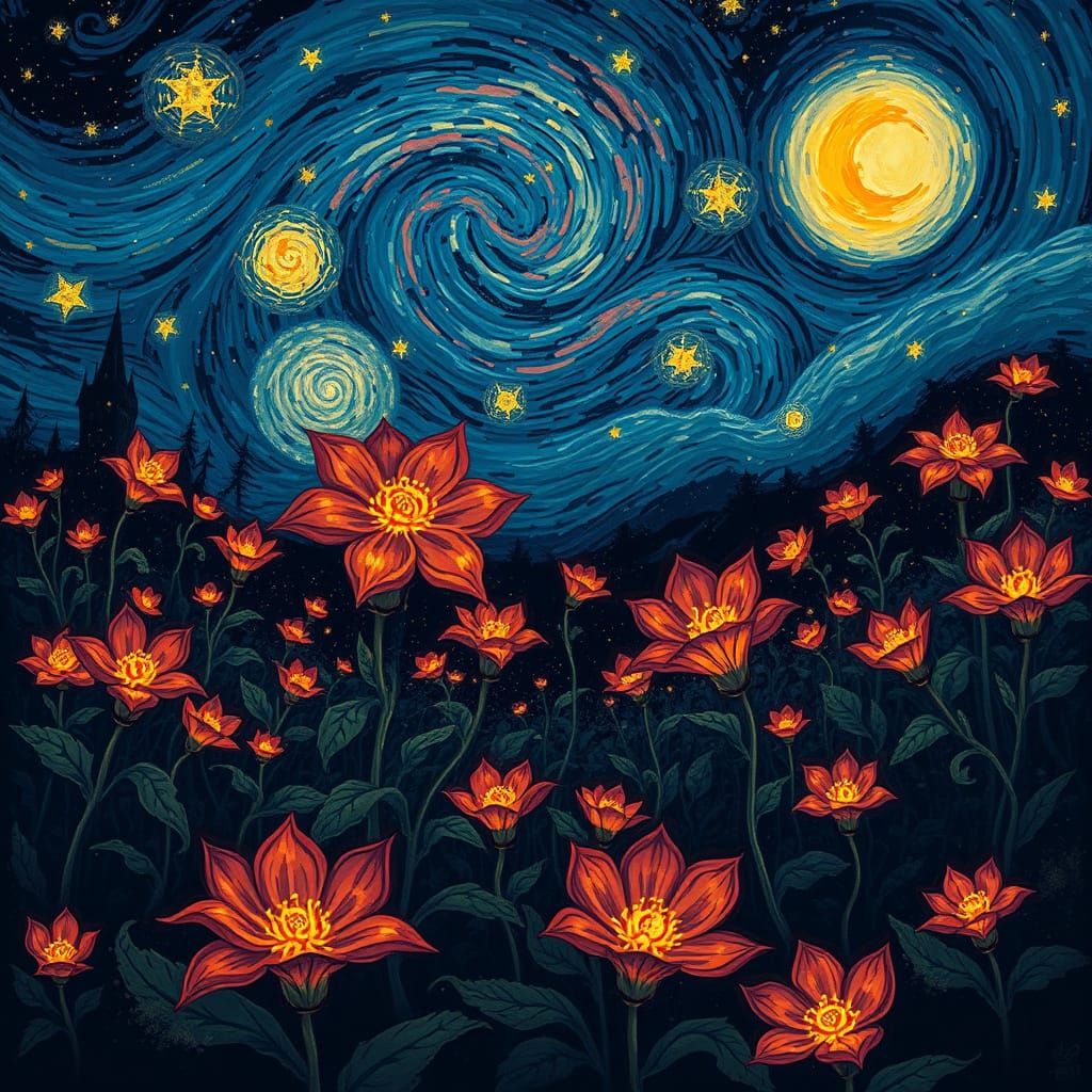 Whispering Night Garden in Van Gogh's Bold Style
