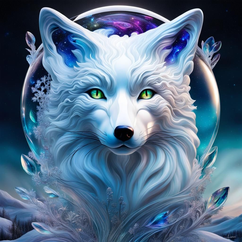 Glass Snow Fox Dreamscape with Aurora Borealis