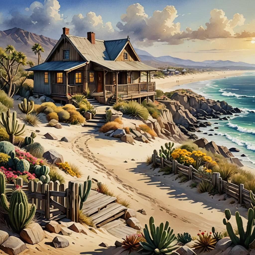 Beach Cottage in Watercolor and Ink Style
