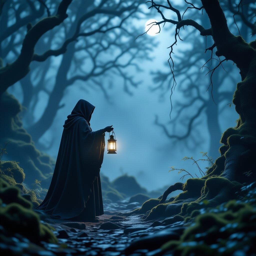 Mysterious Figure with Lantern in Misty Forest