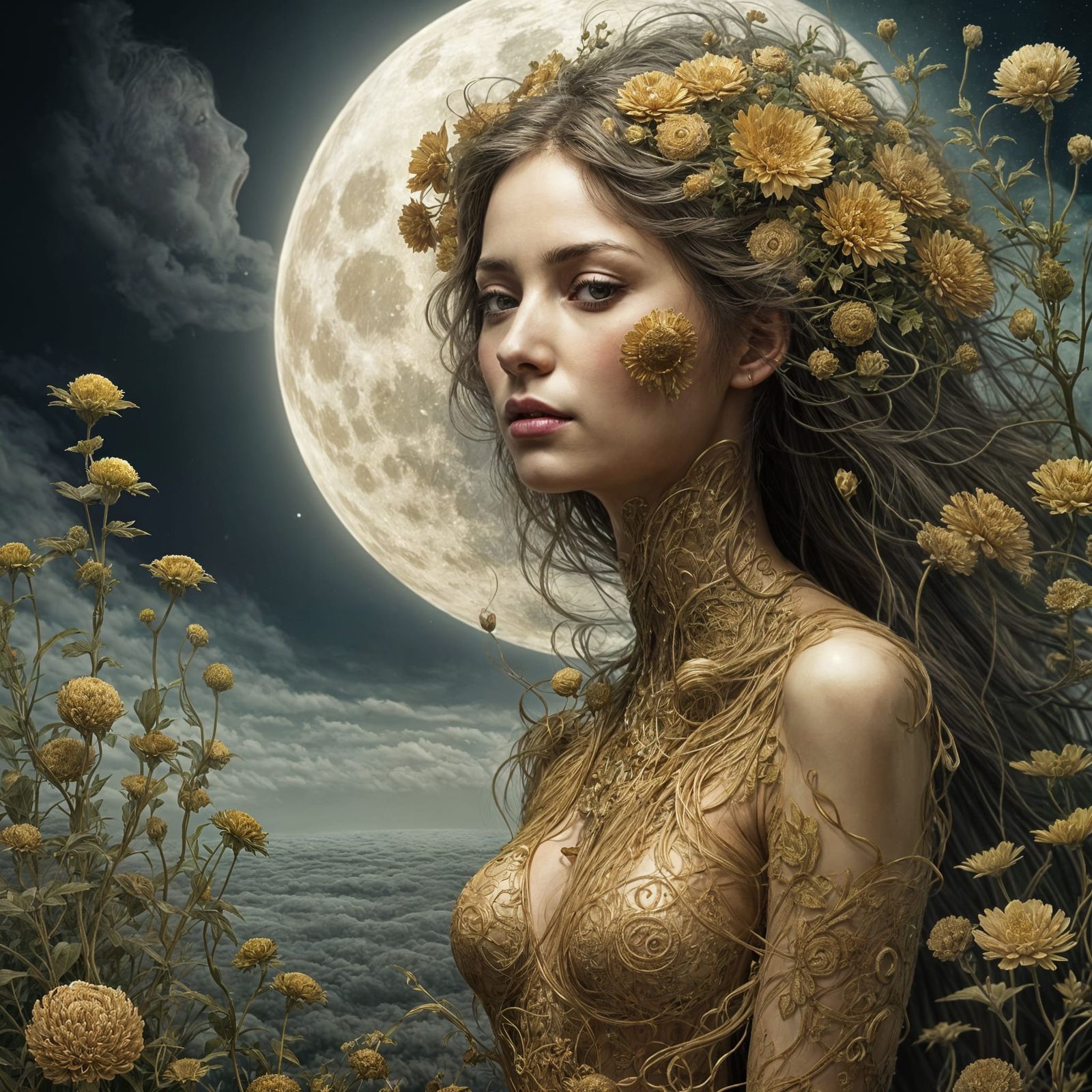 Mysterious Woman of Plant Stems Under a Gold Moon