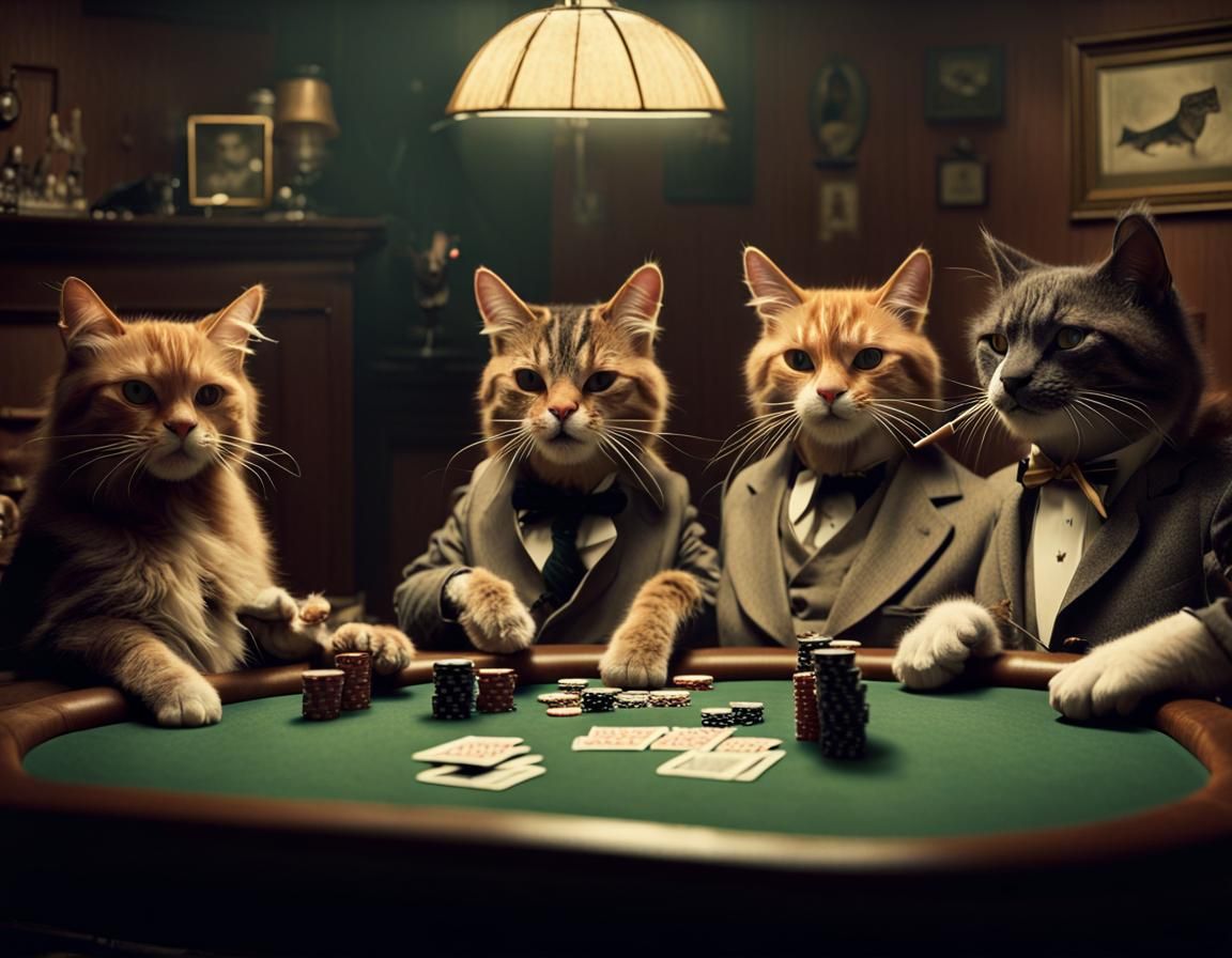 a group of cats smoking cigars and playing poker in the styl...
