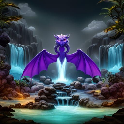 Purple Dragon in Ethereal Waterfall Fantasy Art