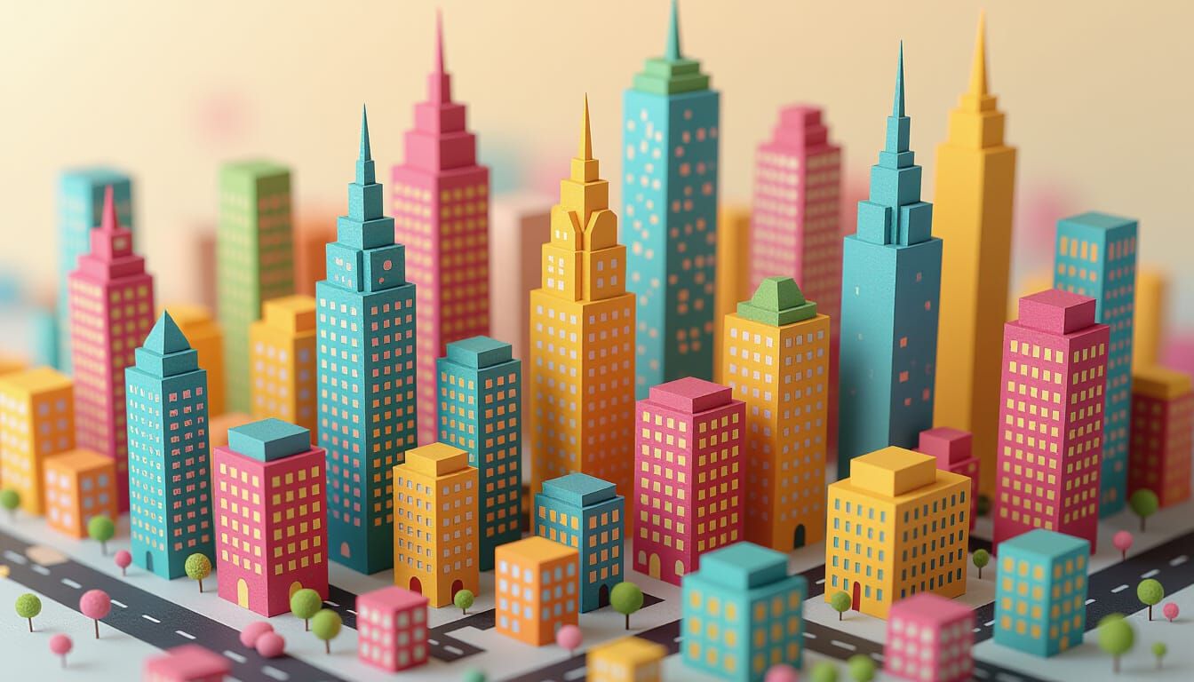 Isometric Rainbow City in Paper Cutout Style