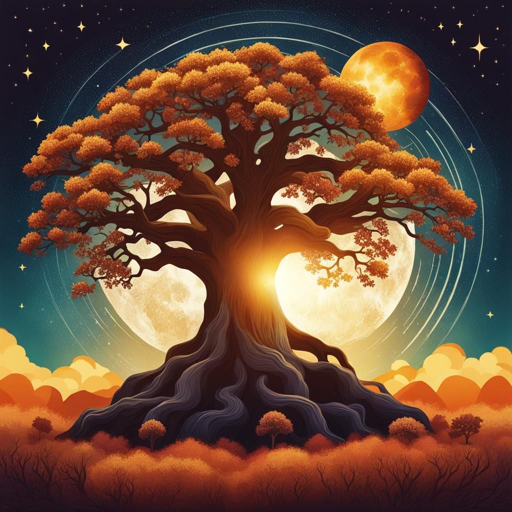 Magic Oak Tree with Elemental Energy in Retro Style