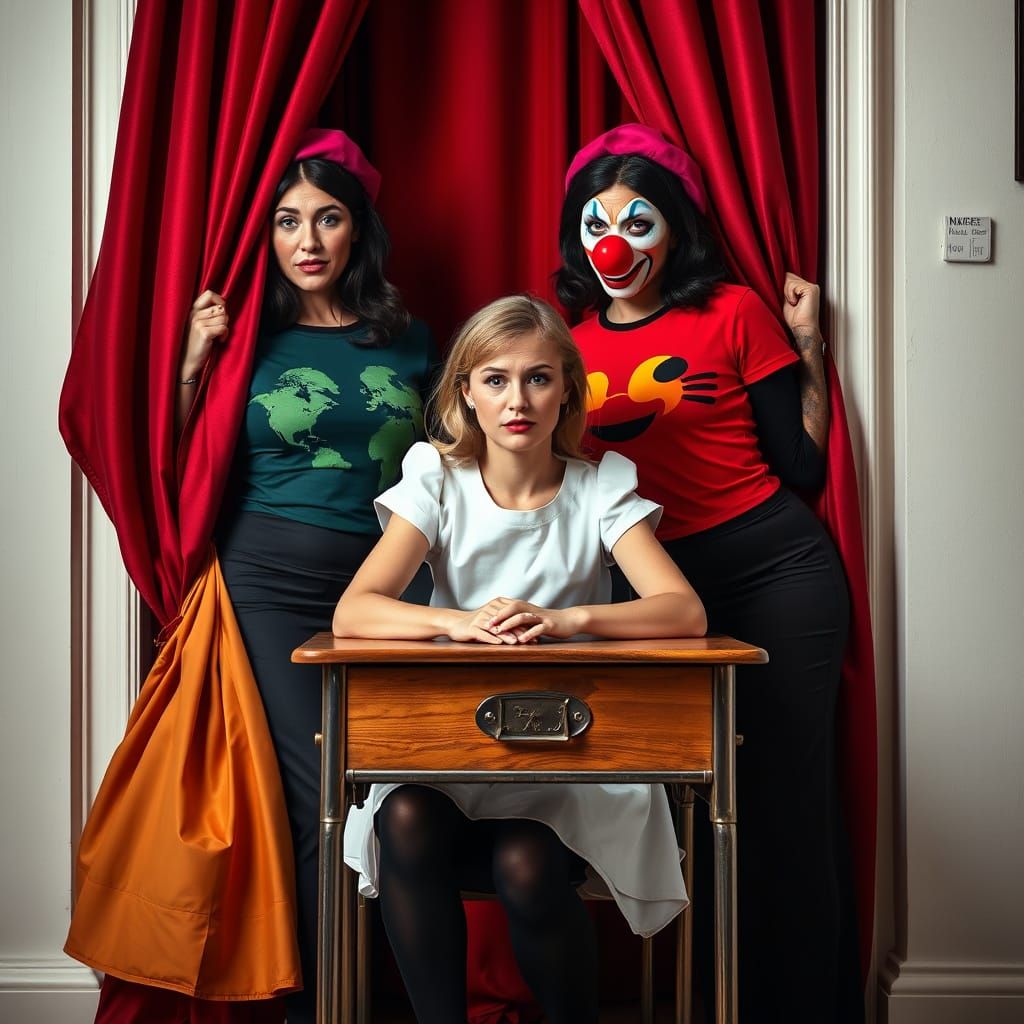 Serious Women in Clown Masks Pose Behind a Concerned Young G...