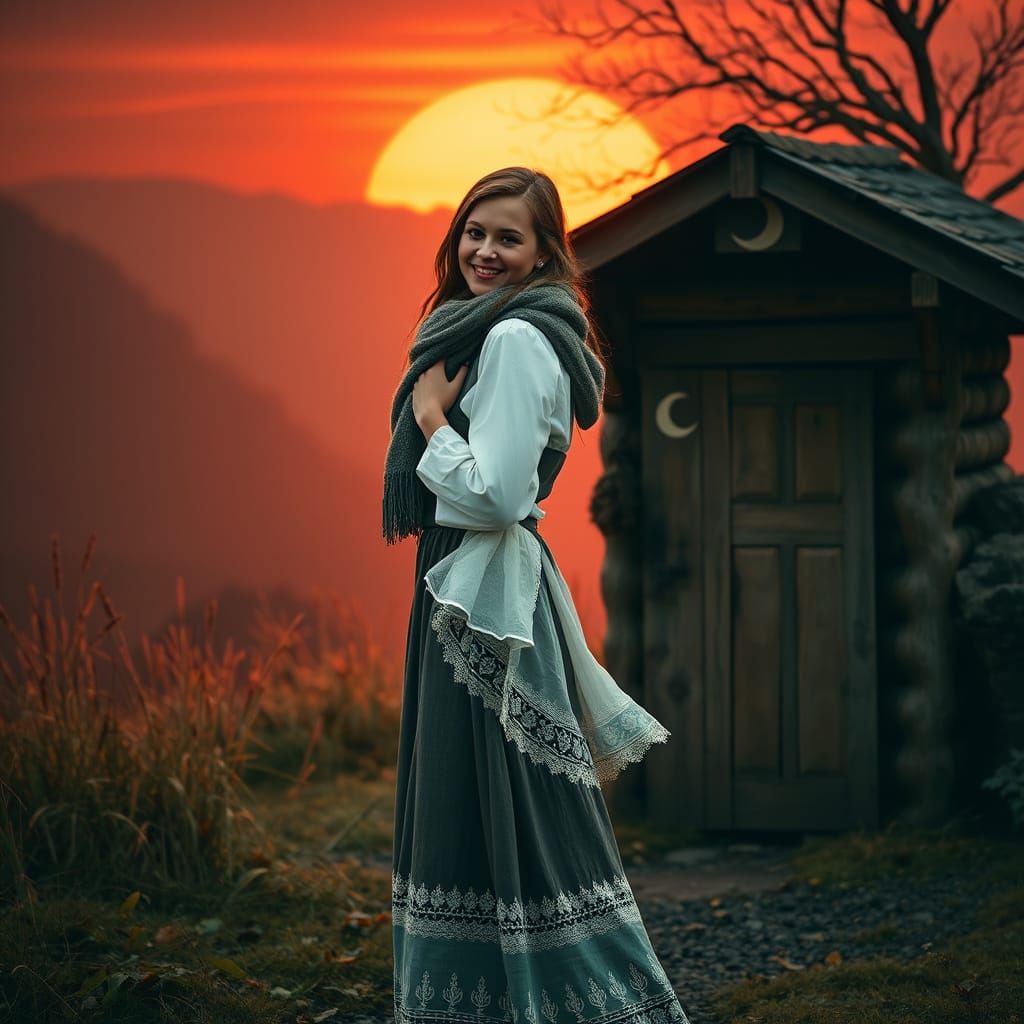 Victorian Woman near Outhouse at Scarlet Sunrise
