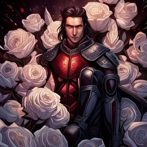Unholy Paladin in Crimson Armor on White Roses
