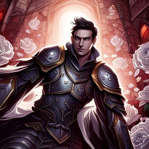 Grimdark Paladin in Rose Garden, Gothic Fantasy Art