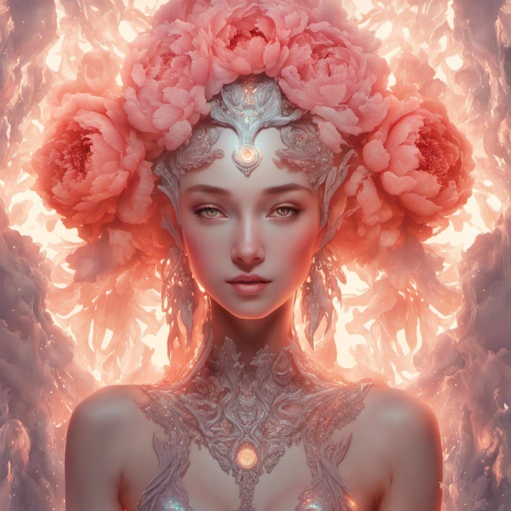 Luminous Lava Goddess with Peonies: Hyperrealistic Portrait