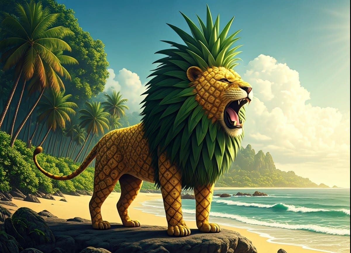 Lion Roars on Tropical Beach in Vibrant Digital Art