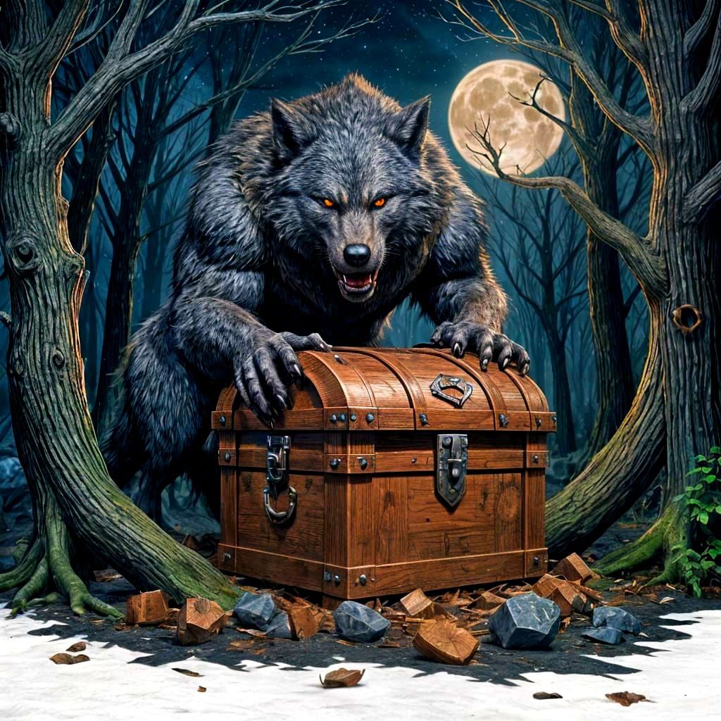A fearsome werewolf guards a rustic wooden treasure chest.