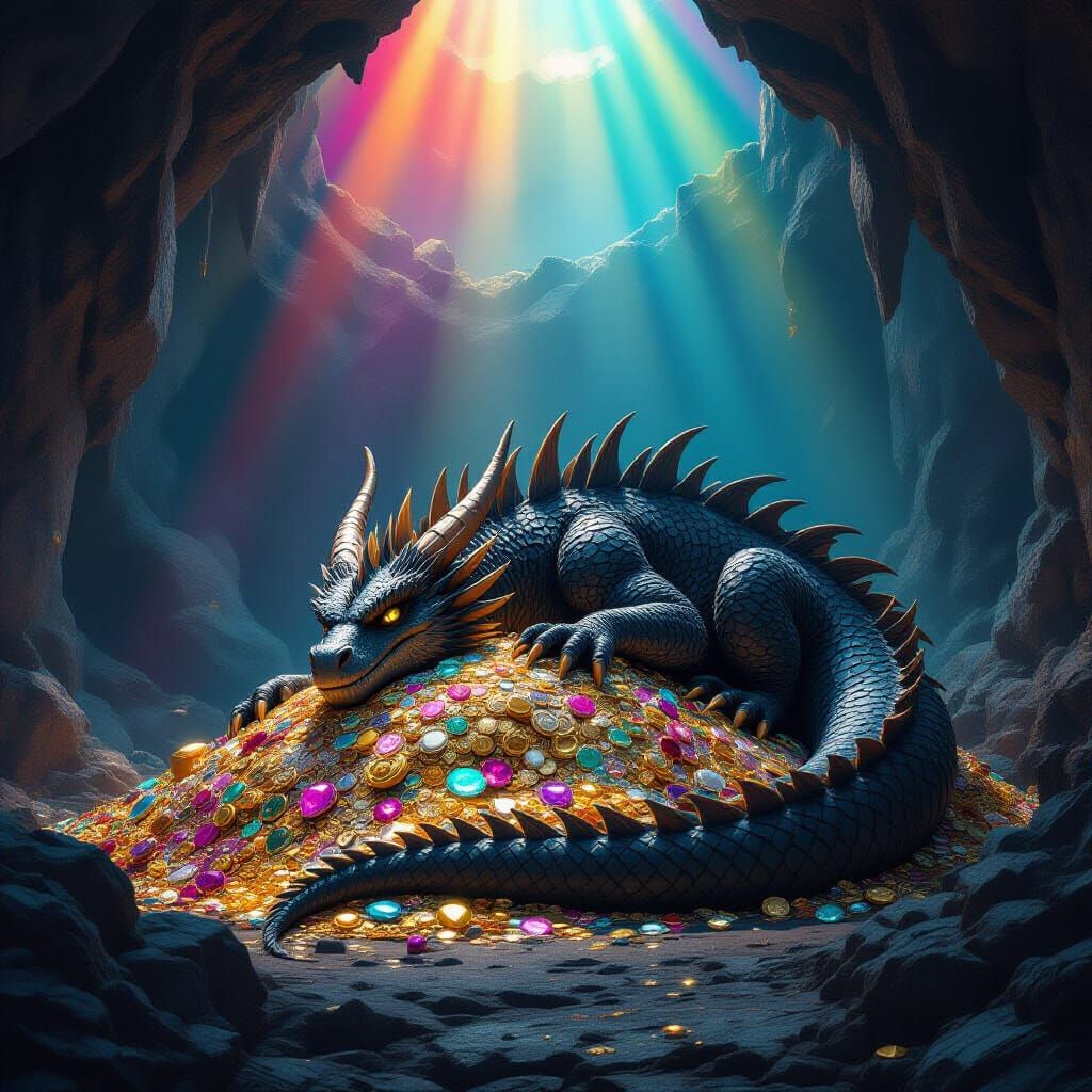 Massive Dragon Sleeps on Treasure in Mountain Lair