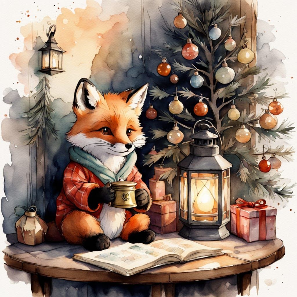Adorable Fox Cub with Lantern in Cozy Christmas Room