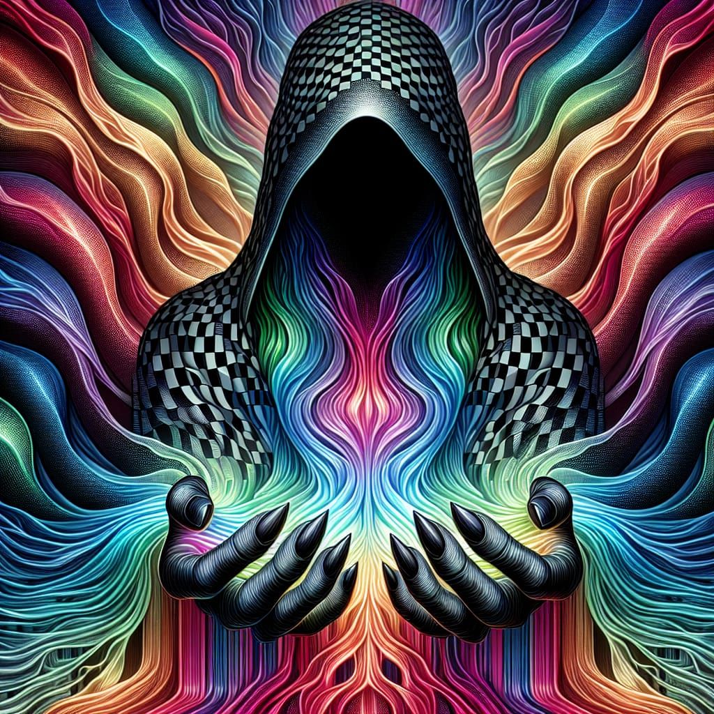 Ethereal Figure with Rainbow Claws in Psychedelic Checkers